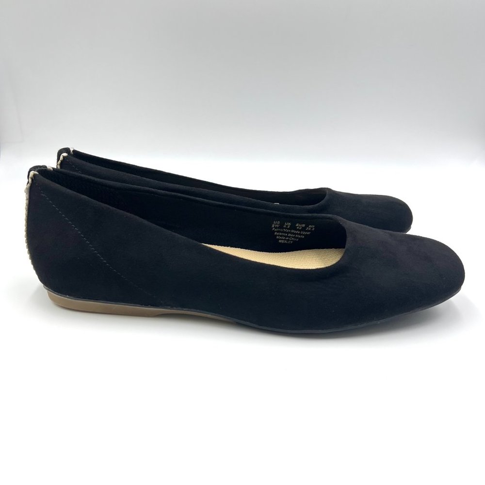 9W 9 WIDE Dr Scholls Womens Black Faux Suede Leather Comfort Ballet Flats Shoes
